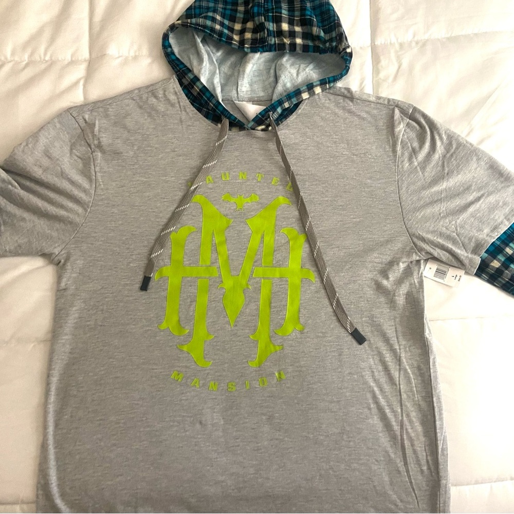 Disney Parks The Haunted Mansion Hoodie Long Sleeve Gray Blue Plaid Flannel NWT - Picture 2 of 7